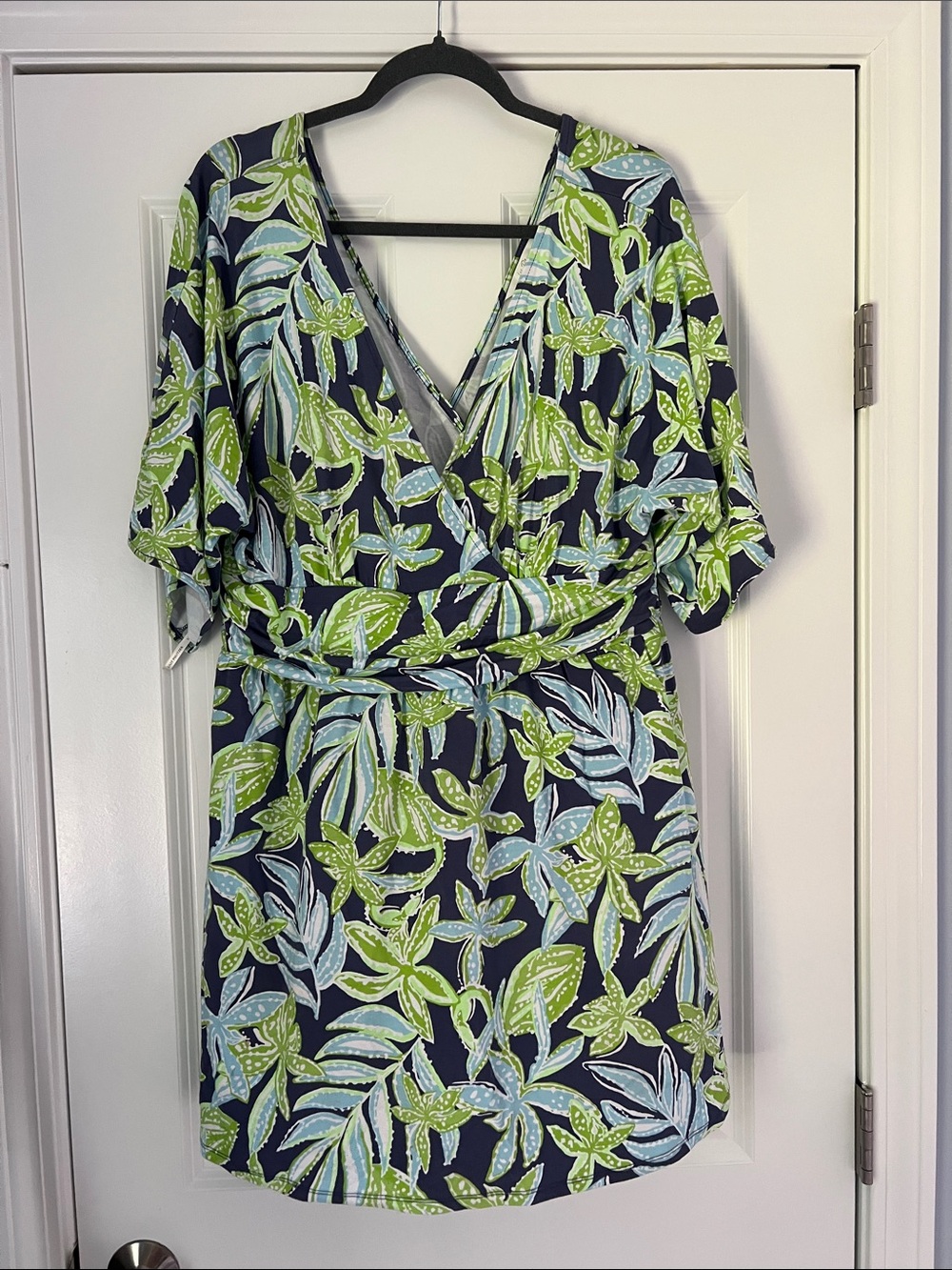 Lilly Pulitzer Navy Dress with Green and Light Blue Leaf Print
